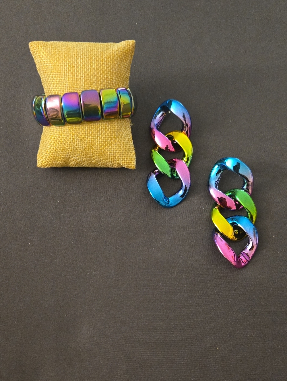 Multicolor Rainbow Chain-Link Earrings and Bracelet Set